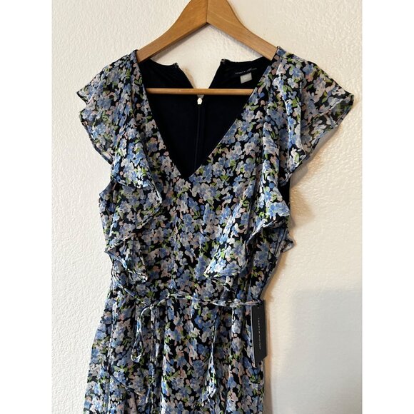 NWT Tommy Hilfiger Blue SLEEVELESS Floral Ruffled Dress SIZE 12P BELTED - Picture 3 of 6